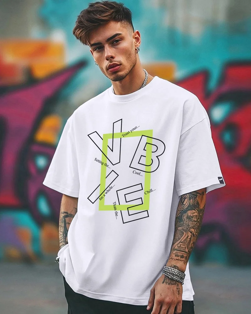 bewakoof Men's White Vibe Typography Oversized T-shirt